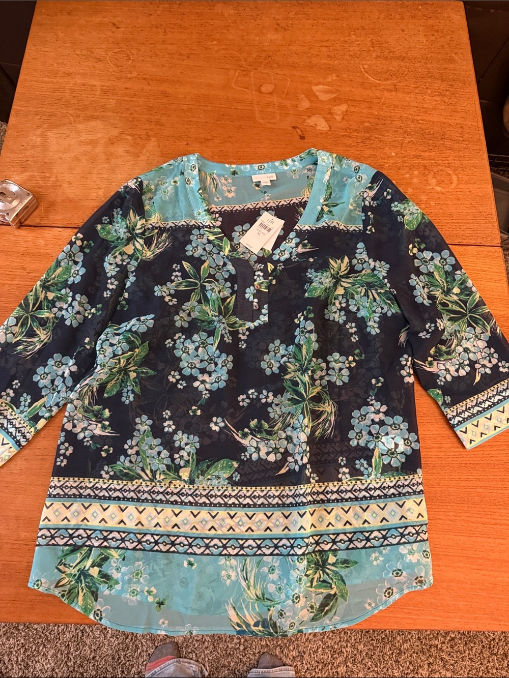 J. Jill Navy and Teal Floral V-Neck Tunic